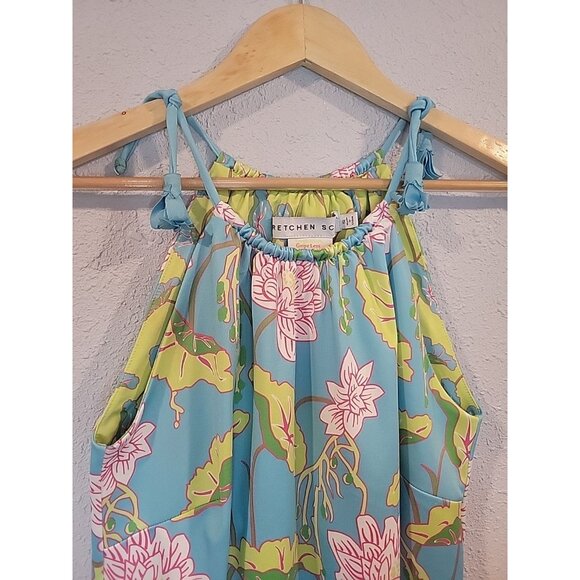 Gretchen Scott Aqua Blue Mystic Garden Floral Tassel Halter Tank Top‎ Size Small - Picture 3 of 7